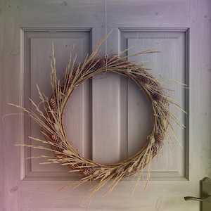 DIY Autumn Wreath Kit | 16 Inch Grapevine Base with Pinecones & Dried Grass | Wreath Making Supplies | Rustic Craft Kit