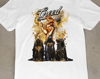Greed Devours All Graphic Tee: Gold Statue Symbolic Art T-Shirt
