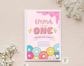 Digital Donut Birthday Invitation | Donut Grow Up 1st Bday Party Invite | Customizable Printable 5x7