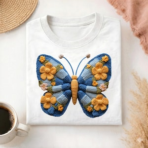 Mariposa de imitación de ganchillo PNG, imágenes prediseñadas de sublimación estilo cottagecore, diseño bohemio primaveral, fondo transparente, uso comercial.