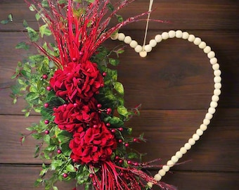 Valentine's Romance Heart, Red Flower, Wood Bead Wreath