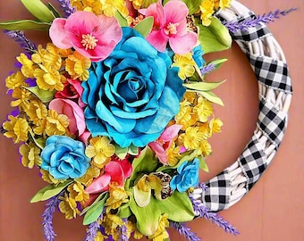 Buffalo Plaid Colorful Spring Summer Floral Spiral Wreath