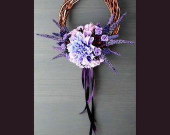 Rose Gold Spiral Angel Wreath - Purple Floral with Ribbons