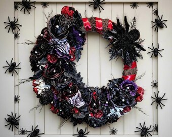 Gothic Rose Spider Halloween Wreath with Red Ribbon