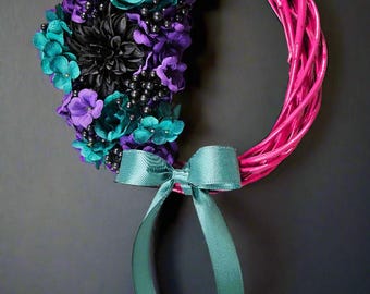 Pink Spiral Floral Wreath - Black, Purple, Teal Bow