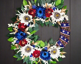 Independence Day Patriotic Wreath - Red, White, Blue, Gold, Star Ribbon