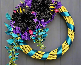 Bumble Bee Spring Summer Spiral Wreath - Black, Yellow, Blue