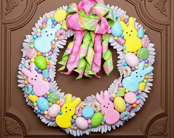 Peeps Marshmallow Easter Bunny Pastel Décor Wreath