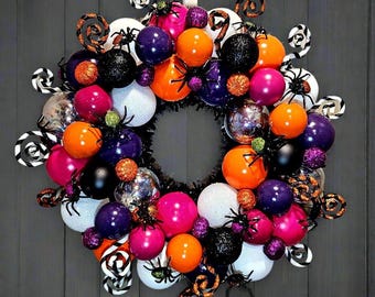 Whimsical Halloween Ornament Bubble Spider Wreath - Orange, Purple, Pink