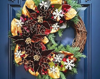 Brown Poinsettia Winter Wreath with Gold Magnolia and Snowflakes