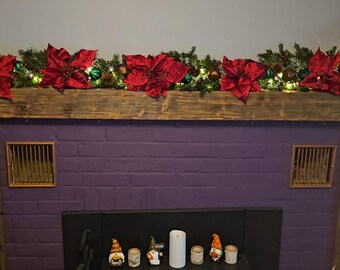 Poinsettia Christmas Garland - Traditional with Pinecones, Red and Green Ornaments, Berries - White LEDs