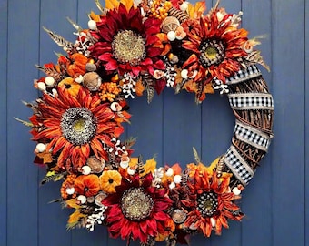 Fall Foliage Sunflower Wreath with Buffalo Plaid Ribbon