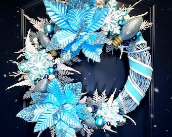 Winter Ice Wreath – Blue Poinsettias, Jumbo Christmas Lights & Snowflakes - Warm White LEDs