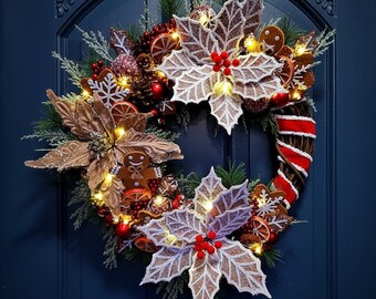 Gingerbread Poinsettia Wreath with Santa Ribbon, White LEDs
