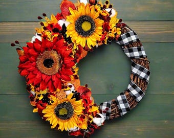 Sunflower Buffalo Plaid Fall Wreath