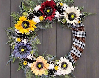 Multicolor Sunflower Buffalo Plaid All Season Wreath
