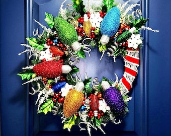 Whimsical Jumbo Christmas Bulb Wreath – Multicolor Ornaments & LEDs, Santa Ribbon