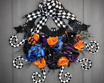 Gothic Rose Harlequin Bat Wreath, Whimsical Halloween Decor