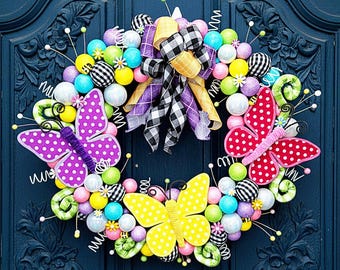 Colorful Spring Décor Butterfly Plaid Wreath