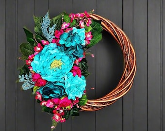 Copper Spiral Spring Summer Wreath - Floral Fuscia Pink and Teal
