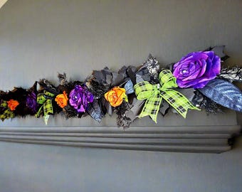 Black Maple Leaf Halloween Garland: Roses, Green Plaid Bows, Orange/Purple LEDs