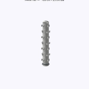 May include: A cylindrical, grey FARM Tier planter, approximately 126 cm tall and 23 cm in diameter. The planter has multiple small, round openings along its sides. The text "FARM Tier - ~126 cm x 23 cm dia" is visible.