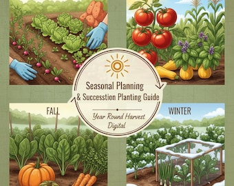 May include: A digital gardening guide with seasonal illustrations. Spring shows lettuce and radishes, summer features tomatoes and corn, fall displays pumpkins and carrots, and winter depicts a greenhouse. The central graphic reads "Seasonal Planning & Succession Planting Guide."