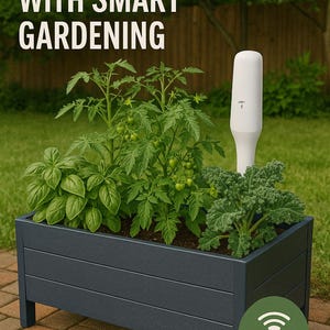 May include: A dark gray rectangular planter box with various green plants, including basil, tomato plants, and kale. A white smart gardening device is inserted into the soil. The text "GROW PLANTS EASILY WITH SMART GARDENING" is at the top.