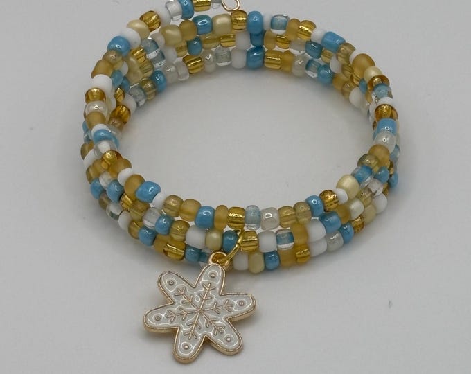 Christmas Seed Bead Bracelet with Snowflake Charm: Multi Strand Holiday Jewelry