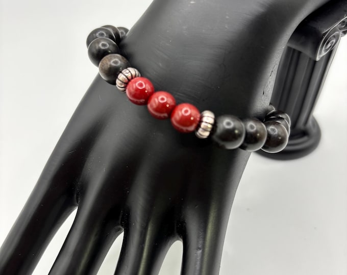 Birth Month January Gemstone Bracelet | Ebony Wood Beads and Garnet Gemstones Bracelet  | Stretch Bracelet