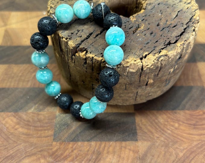 Amazonite and Black Lava Rock | Amazonite bracelet | Lava  bracelet | Gemstone bracelet | Stretch Bracelet | Diffuser Bracelet