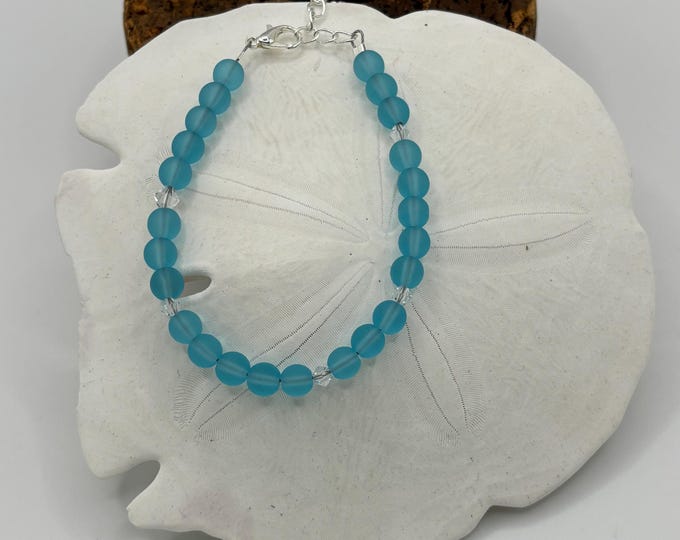 Turquoise Blue Seaglass Bracelet | Blue Seaglass | Seaglass Bracelet | 6 mm beads with  Swarovski Crystals