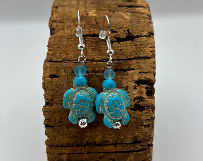 Turquoise Howlite Turtles on Sterling Silver Earrings  |  Turquoise Earrings | Turtle Earrings | Seaglass Accent Bead