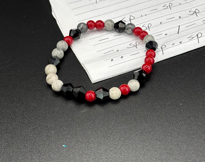 Gray Feldspar and Red Coral Gemstones | Gemstone bracelet | Stretch Bracelet | Morse Code bracelet | Support