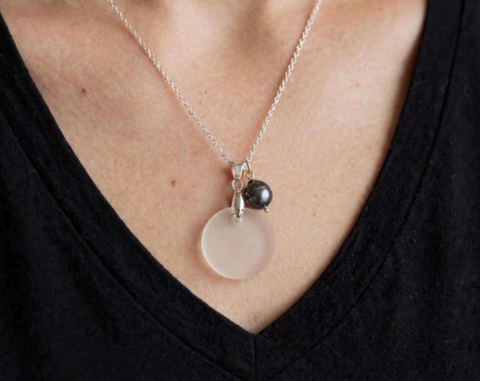 White Seaglass Necklace | White Seaglass | Seaglass Necklace with Freshwater Black Pearl |