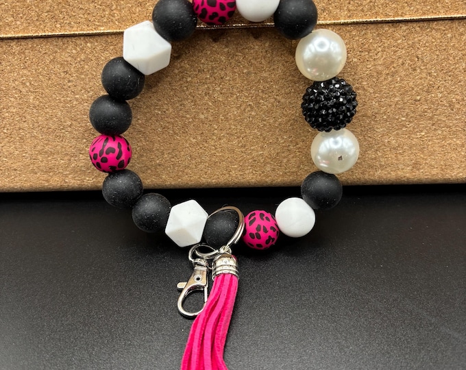Hot Pink Animal Print Girly Beaded Wristlet Keychain  | Keychain with Silicone and tassel | Keychain | Key Fob | Wristlet