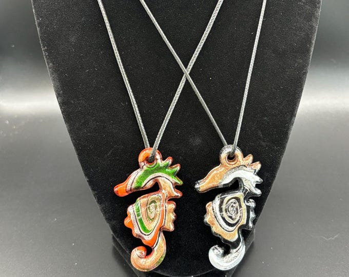 Black SeaHorse Lampwork Necklace | Glass Seahorse Pendant  | Lampwork Jewelry | Necklace with Cord | Orange / Green Seahorse Pendant