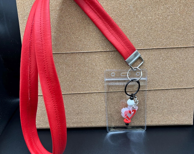 Red Faux Leather Beaded Lanyard | Heart Theme |  Beads and Charm | Cruise Lanyard | Badge Sleeve
