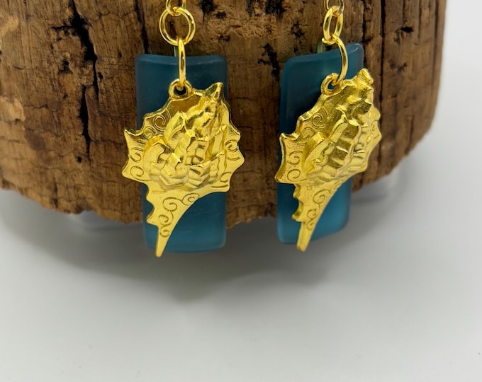 Blue Seaglass Earrings | Blue Seaglass | Seaglass Earrings with Charm | Shell Charm
