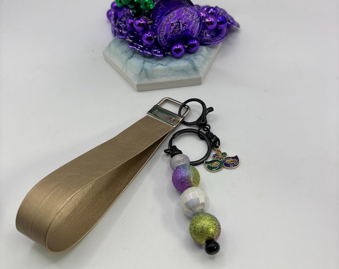 Gold Faux Leather Beaded Wristlet Keychain  | Keychain |Mardi Gras Charm | Beaded Keychain | Key Fob |