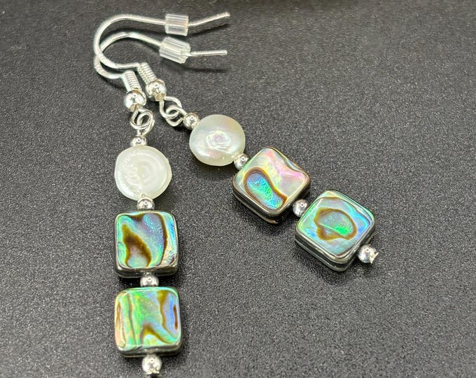 Abalone Shell and Freshwater Pearl Earrings | Sterling Silver Ear Wires  |  Pearl Earrings | Abalone earrings | Paua Shell