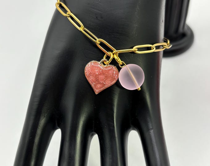 Valentine Theme Seaglass Charm and Heart Bracelet:  Valentine Jewelry | Heart Bracelet | Paper Clip Style with Extender