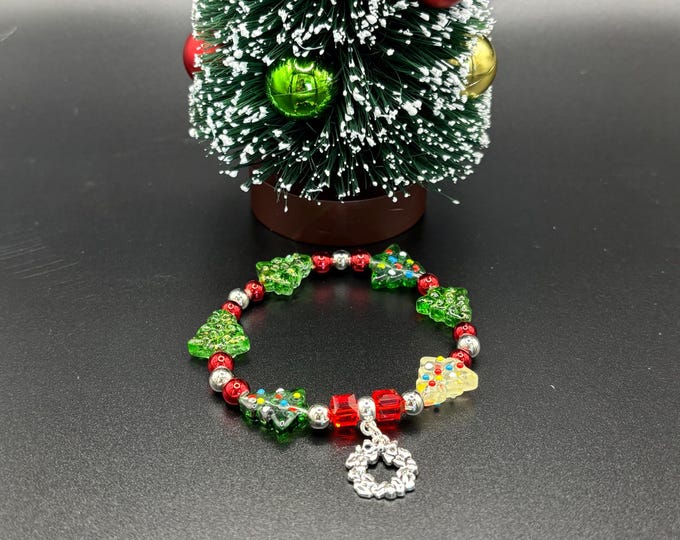 Lampwork Glass Christmas Bracelet: Holiday Stretch Jewelry
