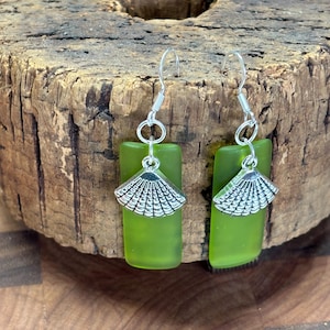 Green Seaglass Earrings | Green Seaglass | Seaglass Earrings with Shell Charm |