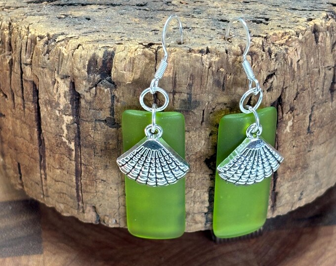 Green Seaglass Earrings | Green Seaglass | Seaglass Earrings with Shell Charm |