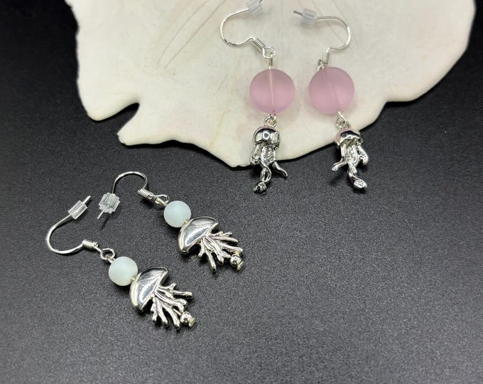 Jellyfish and Seaglass Earrings | Seaglass | Beach Glass Earrings on Sterling Silver