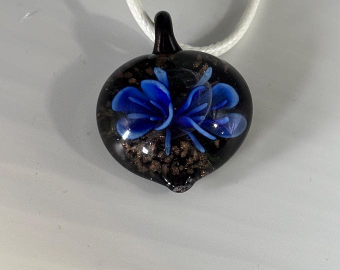 Black  Heart with Blue Flower Pendant Necklace Heart Pendant Necklace | Glass Pendant | Necklace Cord | Flower