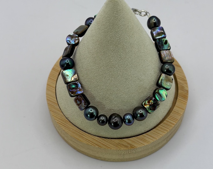 Abalone and Black Freshwater Pearl Bracelet | Freshwater Pearls  | Pearl Bracelet | Abalone Shell