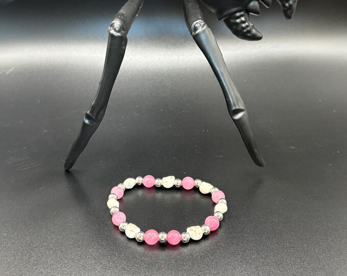 Pink Jade Gemstones | Halloween Gemstone bracelet | Stretch Bracelet | Skull bracelet | Pinkoween