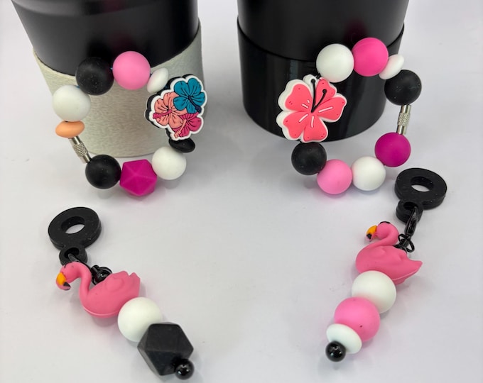 Flamingo and Flower Trio Tropical Stanley Cup Bracelet:  Cup Handle Bracelet | Straw Charm  | Vacation | Beach